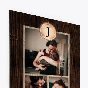 Christmas Posters: A rustic poster with a dark wood grain background featuring a photo collage of a family and a hanging wood slice ornament with the initial J.