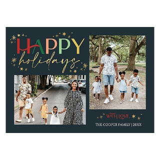 Same-Day 5x7 Stationery Cards: A holiday stationery card with a two-photo family collage and the text HAPPY holidays WITH LOVE THE COOPER FAMILY 20XX