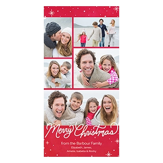 4x8 Same-Day Square Stationery Cards: A red Christmas card with white snowflakes and dots, featuring a collage of five happy family photos on a beach, and white text that reads Merry Christmas from the Barbour Family, Elizabeth, James, Amelia, Isabella & Rocky.