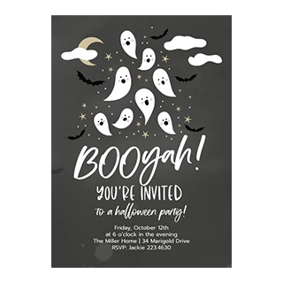 A chalkboard-style Halloween party invitation with an illustration of floating white ghosts, bats, and the white text BOOYah!