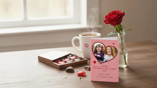 Valentine's day: A Valentine's Day card with a photo of two children inside a heart design, displayed on a wooden table next to a box of chocolates, a red rose, and a steaming mug.