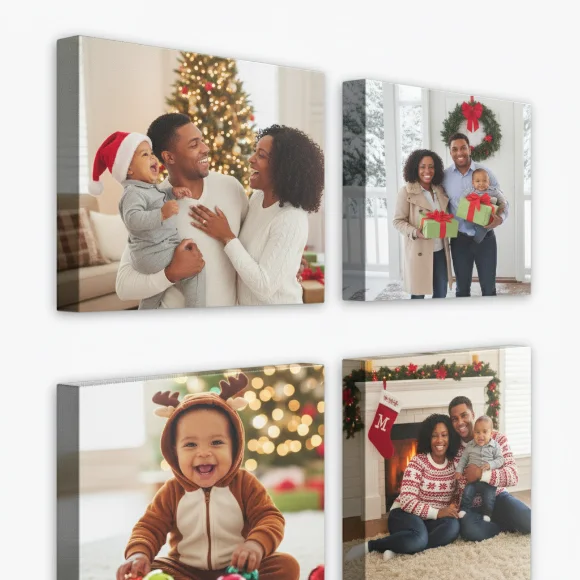Multi-Piece Canvas Christmas: A set of four square gallery-wrapped canvas prints displaying a collection of a family's Christmas photos, including pictures by a Christmas tree, in front of a fireplace, and of a baby in a reindeer costume.
