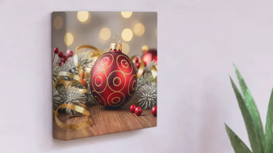 Enchance Small Areas Christmas: A square canvas print hanging on a wall, featuring a close-up image of a decorative red and gold Christmas bauble resting on a wooden surface with pine branches and a gold ribbon.