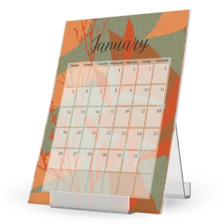 Desktop Card Calendar: A single card calendar for January 2025 with a modern abstract design, displayed in a clear acrylic stand.