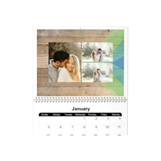 Modern Wall calendar design: The top page of a modern wall calendar featuring a couple's photo collage on a wood-textured background.