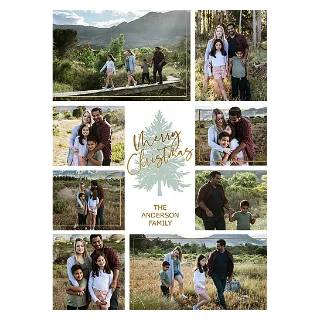 Simple Tree Card 5x7: A multi-photo Christmas card with a gold border around nine separate photos of a family of four outdoors, centered around a light green Christmas tree design and the gold script text Merry Christmas.