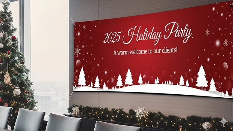 Shop posters & banners: A large red banner for a corporate holiday party with a winter scene and a welcome message.