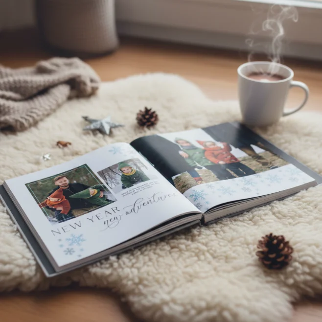 Photobook: An open photo book resting on a white sheepskin rug beside a steaming mug and pinecones, displaying photos of children and the text New Year New Adventures.