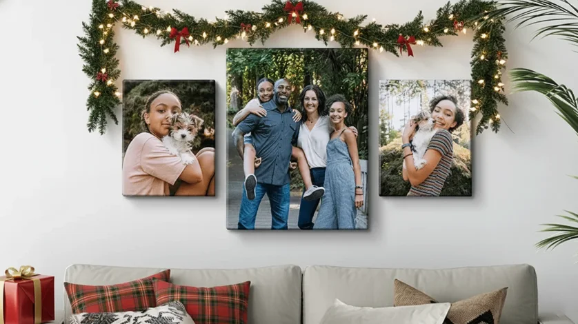 Canvas Prints Christmas: Three canvas prints featuring family photos displayed on a wall above a sofa, decorated with a festive Christmas garland.