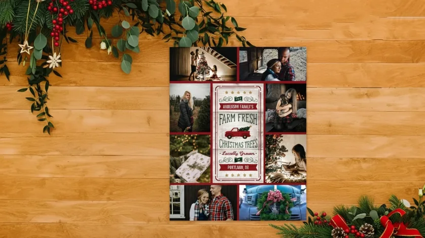 Posters Christmas Table: A Christmas-themed photo collage poster with 8 family photos surrounding a central design featuring a red vintage truck and the text Anderson Family's Farm Fresh Christmas Trees, all displayed on a wooden table with festive foliage.