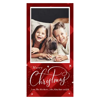Christmas Plaid Card 4x8: A long vertical Christmas card with a red plaid pattern and scattered snowflakes, featuring a photo of two young girls and a shar-pei dog, with the white script text Merry Christmas.