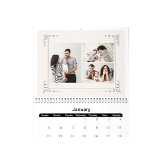 Classic Wall calendar design: The top page of a personalized wall calendar featuring a three-photo family collage with classic decorative corners.