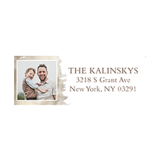 Address labels: A rectangular return address label featuring a photo of a smiling man and young boy on the left, framed by a light brown watercolor border, with the text THE KALINSKYS, 3218 S Grant Ave, New York, NY 03291 printed in brown on the right.