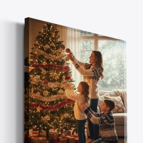 Acrylic Prints: An acrylic wall art print showing a mother and two children decorating a brightly lit Christmas tree in a cozy living room.