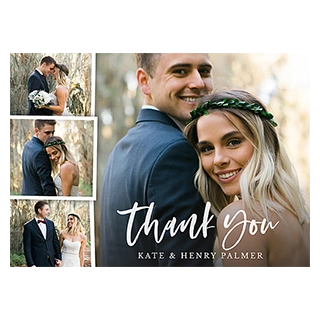 Thank you cards: A wedding thank you card featuring a large photo of a smiling bride with a green leaf crown leaning into her groom, alongside three smaller photos of the couple embracing and holding hands, with text that reads Thank You and KATE & HENRY PALMER.