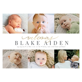 Baby cards & invitations: A baby announcement card collage featuring six photos of babies and one of a woman holding a baby, surrounding text that reads welcoming BLAKE AIDEN 04.09.xx, 7 lbs 1 oz 21 in,love, ian and lexi palmer.