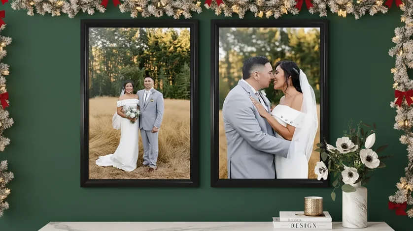 Framed Prints Christmas: Two large, black-framed prints of a wedding couple hanging on a dark green wall, with a festive Christmas garland overhead.