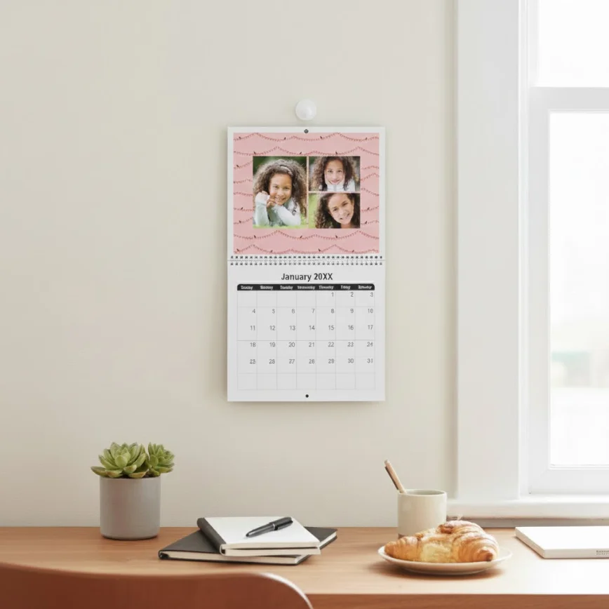 Wall calendar: A custom wall calendar for January 20XX with a four-photo collage of children framed by a pink design with string lights, hanging above a wooden desk with a notebook and a croissant.