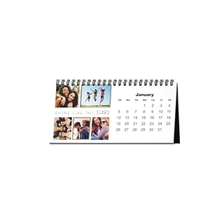 Desk Calendars: A personalized desktop calendar with a photo collage of friends on the left and the monthly date grid on the right.