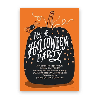 Seasonal Cards: An orange Halloween party invitation featuring a large black pumpkin and a spider with the text It's A Halloween Party.