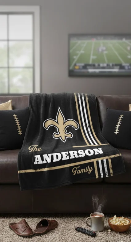 NFL Blanket: A personalized NFL-themed blanket featuring the New Orleans Saints fleur-de-lis logo and the name ANDERSON on a brown leather couch in a living room with a TV showing a football game.
