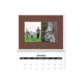 Color Blocks Wall calendar design: The top page of a personalized wall calendar featuring a three-photo family collage on a solid brown background.