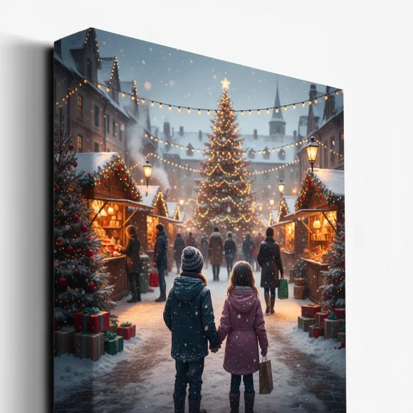 Canvas Prints: A gallery-wrapped canvas print depicting a festive Christmas market scene at night, with two children in the foreground holding hands and looking towards a large, illuminated Christmas tree while snow falls.