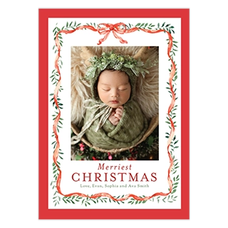 5x7 Same-Day Square Stationery Cards: A Christmas card with a red border and a white inner frame decorated with watercolor red ribbons and green leaves, featuring a photo of a sleeping newborn baby in a green leafy bonnet and blanket, with the text Merriest CHRISTMAS and Love, Evan, Sophia and Ava Smith below.