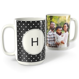 White Photo Mug, 15oz with Custom Color Monogram Mini Dots design