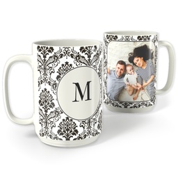 White Photo Mug, 15oz with Monogram Brocade design