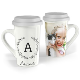 Premium Grande Photo Mug with Lid, 16oz with Laurel Monogram design