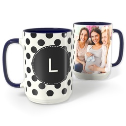 Blue Photo Mug, 15oz with Custom Color Monogram Dots design