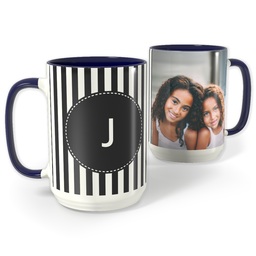 Blue Photo Mug, 15oz with Custom Color Monogram Mini Stripes design