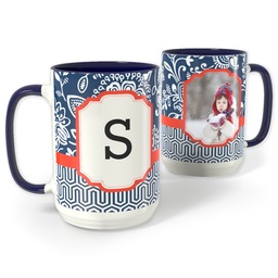 Blue Photo Mug, 15oz with Fancy Brocade Monogram design