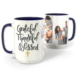 Blue Photo Mug, 15oz with Grateful Thankful Blessed Cross design