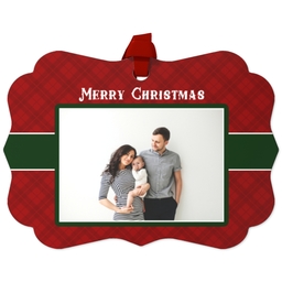 Personalized Metal Ornament - Scalloped with Christmad Plaid design