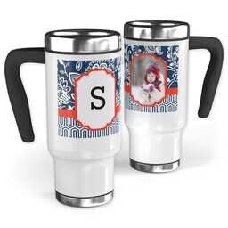 14oz Stainless Steel Travel Photo Mug with Fancy Brocade Monogram design