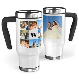 14oz Stainless Steel Travel Photo Mug with Monogram White design