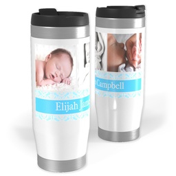 14oz Personalized Travel Tumbler with Sweet Blue Damask design