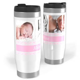 14oz Personalized Travel Tumbler with Sweet Pink Damask design