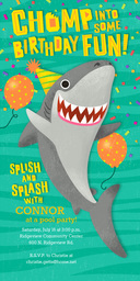 4x8 Greeting Card, Glossy, Blank Envelope with Shark Birthday Party Invite design