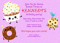 5x7 Greeting Card, Glossy, Blank Envelope with Sweet Snacks Cupcakes and Donuts Birthday Invitation design