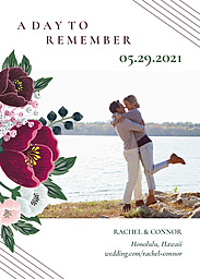 5x7 Greeting Card, Glossy, Blank Envelope with Burgundy Floral and Stripes Save the Date design