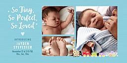 4x8 Greeting Card, Glossy, Blank Envelope with So Tiny, So Loved Baby Boy Announcement design