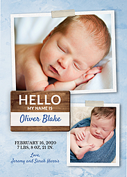 Same Day 5x7 Greeting Card, Matte, Blank Envelope with Hello Baby Boy Announcement design