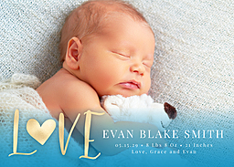 5x7 Greeting Card, Matte, Blank Envelope with Golden Love Baby Announcement Blue design
