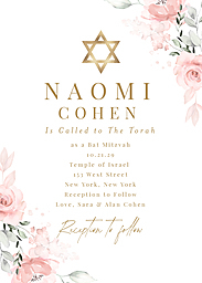 5x7 Greeting Card, Glossy, Blank Envelope with Beautiful Floral Bat Mitzvah Invitation design