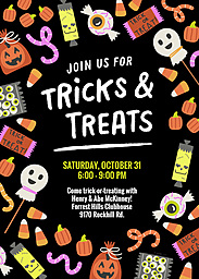 5x7 Greeting Card, Glossy, Blank Envelope with Tricks & Treats Halloween Party Invitation design