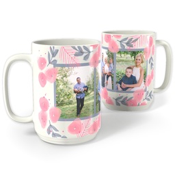 White Photo Mug, 15oz with Peonies design