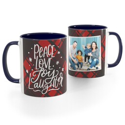 Blue Handle Photo Mug, 11oz with Peace, Love, Joy, Laughter design